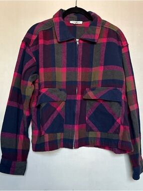 Crop Navy, Pink & Olive Plaid Zip Jacket